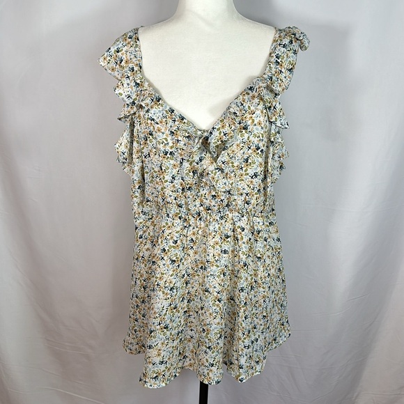 Torrid Peplum Georgette Ruffle Surplice White & Blue Floral Tank Top - Picture 1 of 13